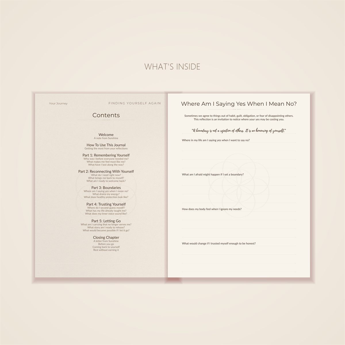 The journal contents page beside a reflection page on boundaries